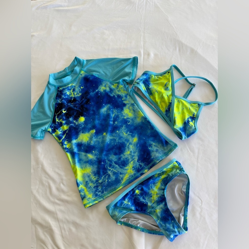 LANDS END Kids Blue & Yellow Tie-Dye Rash Guard Swim 3 Pc Set - 8S